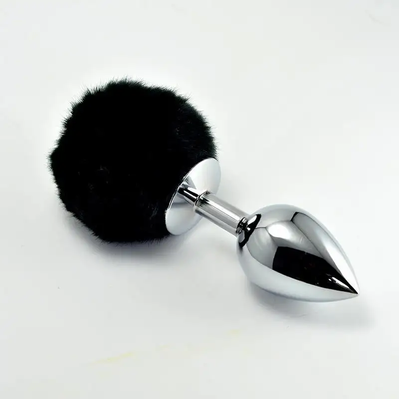 Plug-Anal-en-metal-avec-Pompon-Noir-Taille-L-1