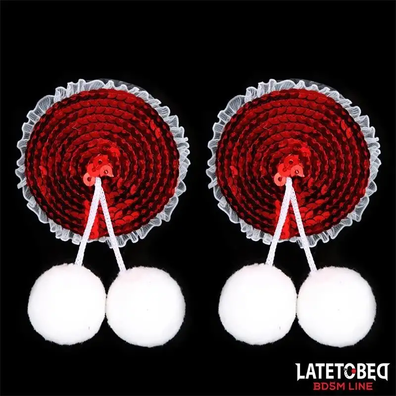 nipples-avec-paillettes-rouges-Pompones-blancs-1
