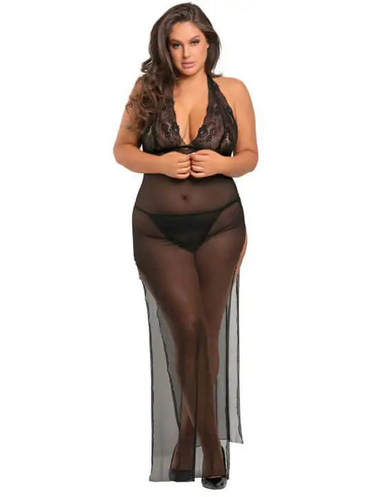 nuisette-longue-grande-taille-fendue-transparente-ren51004x-blk-1